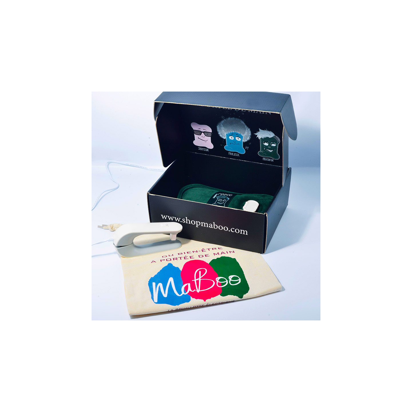 Pack ChillBoo comprenant la bouillotte électrique rechargeable, housse bien-être et chargeur sécurisé