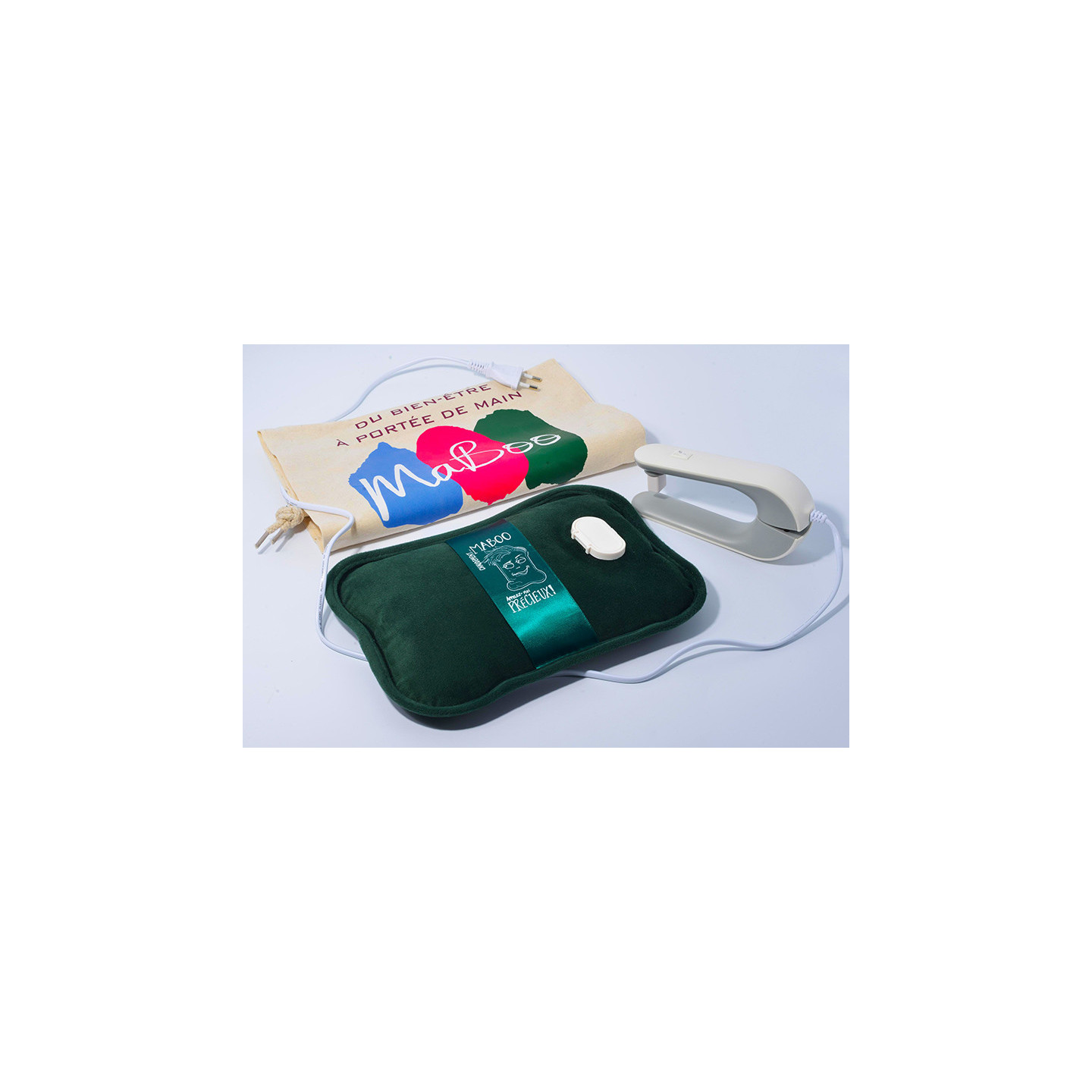 Kit complet ChillBoo — bouillotte électrique pour endométriose et douleurs menstruelles avec chargeur et housse bien-être