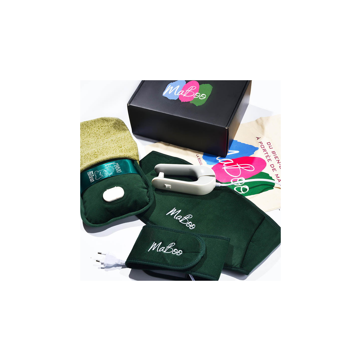 Pack BodyBoo comprenant la ceinture thermique 2-en-1, la bouillotte électronique ChillBoo, chargeur et housse bien-être MaBoo