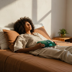 Femme apaisant des douleurs menstruelles grâce à la bouillotte électrique ChillBoo posée sur le bas-ventre