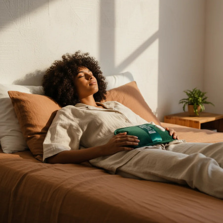 Femme apaisant des douleurs menstruelles grâce à la bouillotte électrique ChillBoo posée sur le bas-ventre